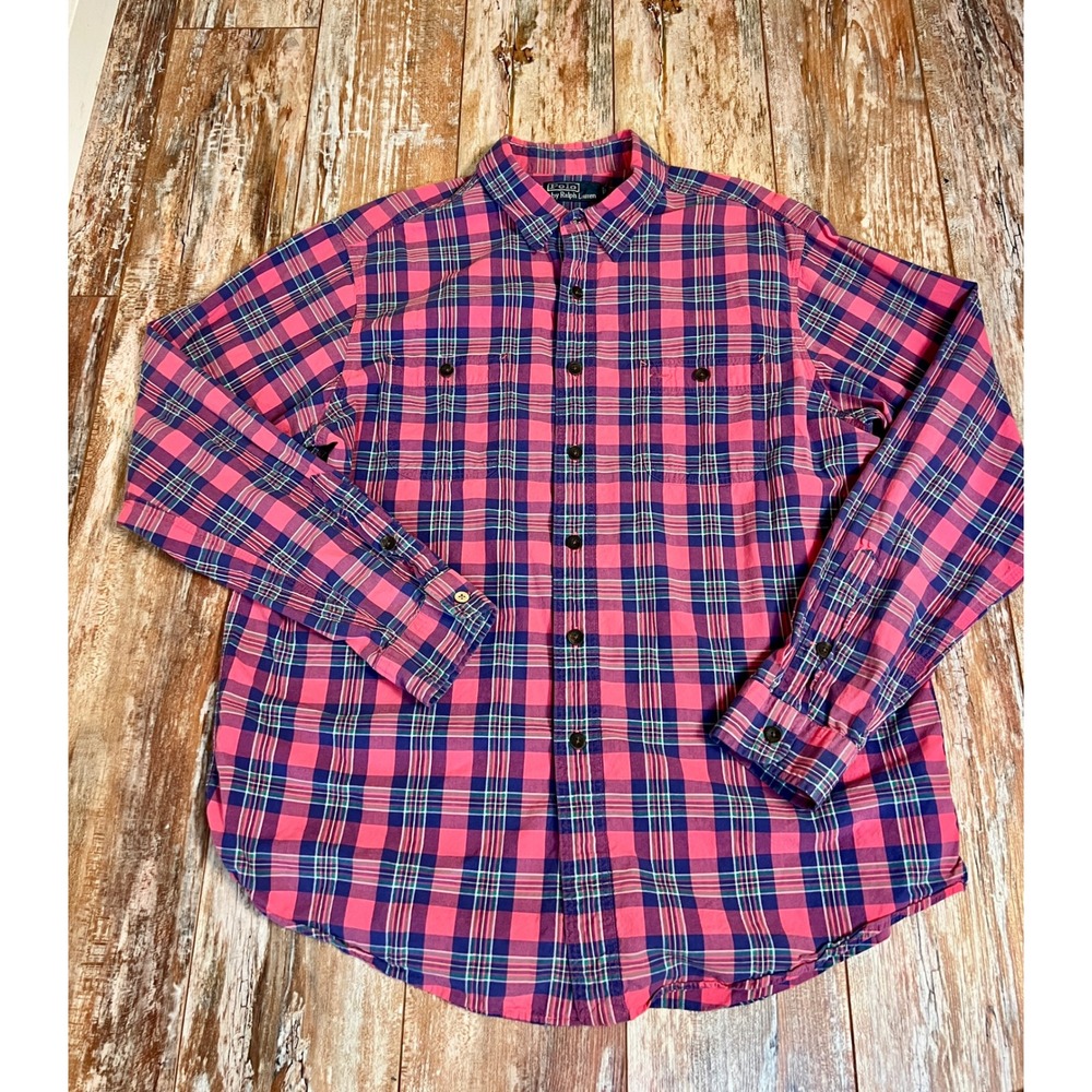 Polo Ralph Lauren Men XL Plaid Button Down Shirt Pink Purple Long Sleeve Pockets